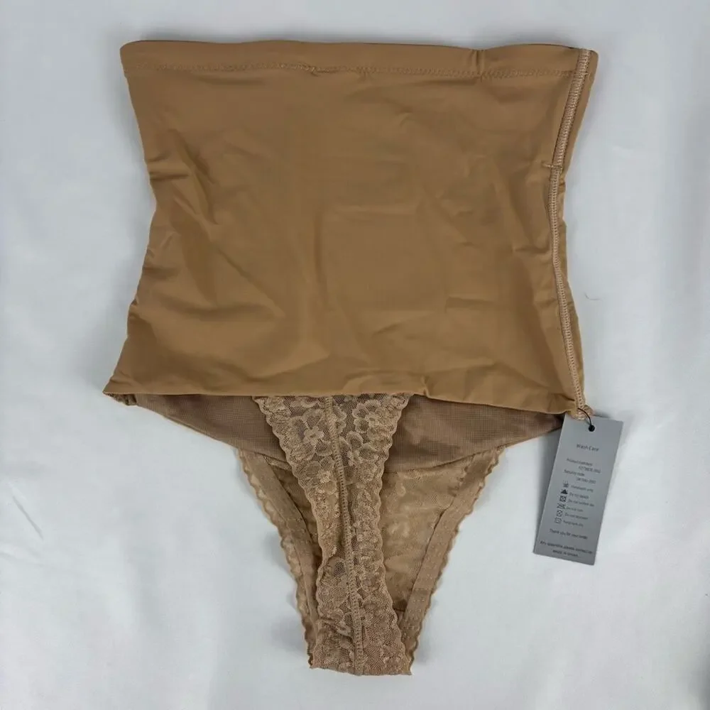 NWT Womens Lace Thong Shapewear Mid to High Waisted Shaper Thong Beige, Small